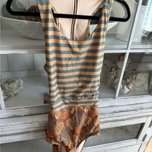 Albion Fit Striped Scoop-Back One-Piece Swimsuit in Beige and Gray